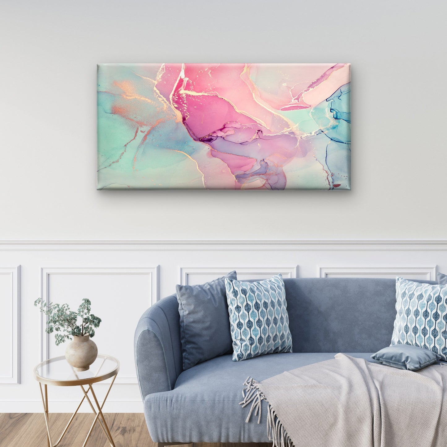 Pink Teal Gold Marble Swirl Wall Art Canvas Office Home Room Framed 120x60cm