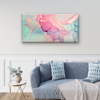 Pink Teal Gold Marble Swirl Wall Art Canvas Office Home Room Framed 120x60cm