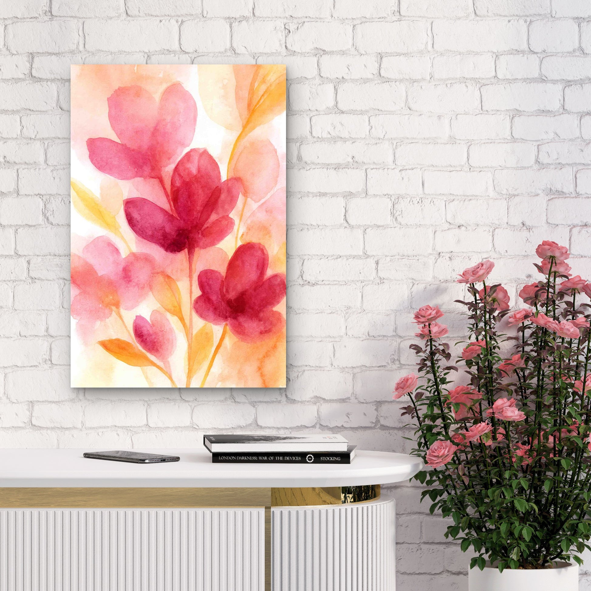 Soft Pink Orange Watercolor Flowers 60x90cm Metal Print Ready to Hang