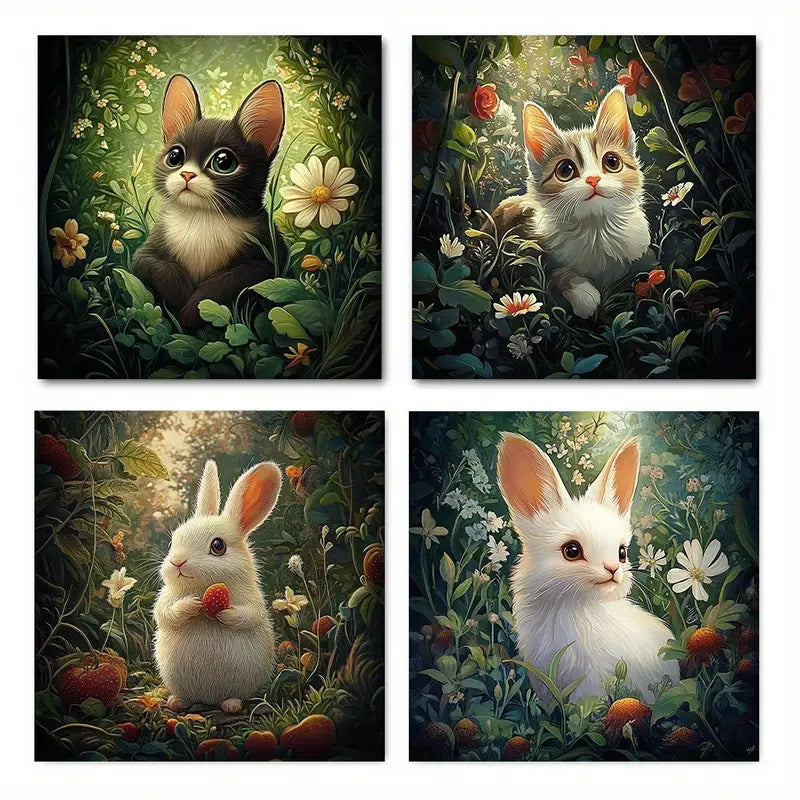 4pcs Painting Rabbit Gras Wall Art Canvas Framed