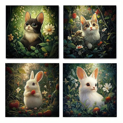 4pcs Painting Rabbit Gras Wall Art Canvas Framed