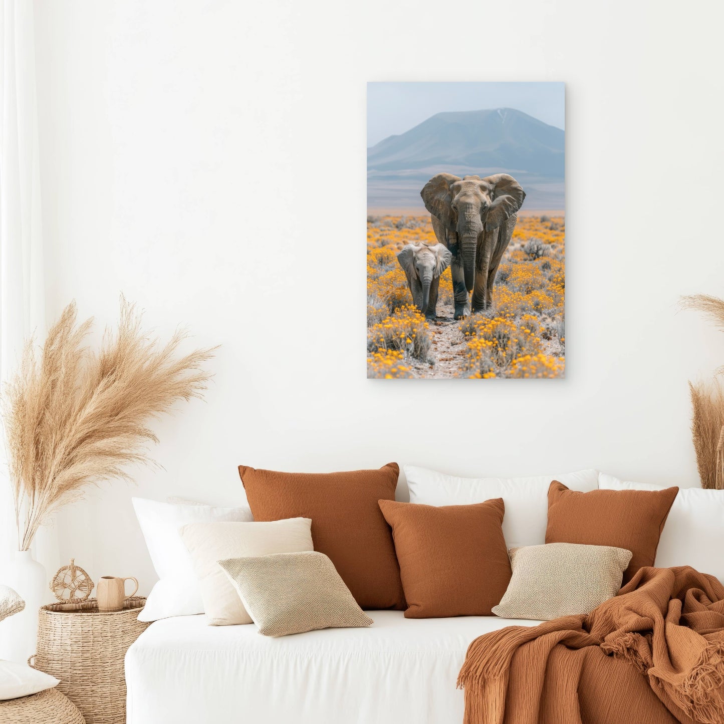 African Elephant and Calf in Yellow Flower Field 60x90cm Metal Print Ready to Hang