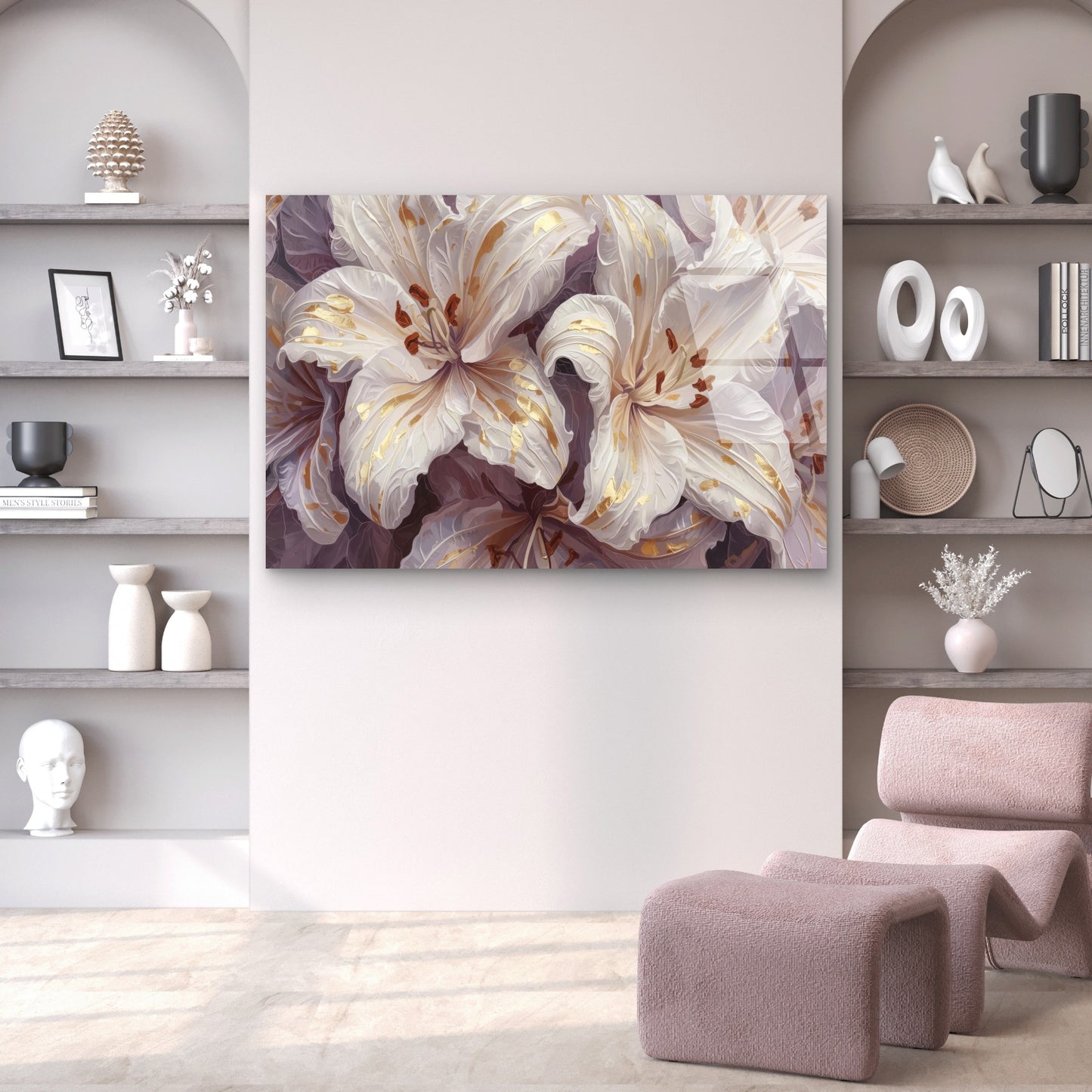 Abstract White Lilies Gold Foil Bloom Acrylic Glass Printing Wall Art Australian Made Quality