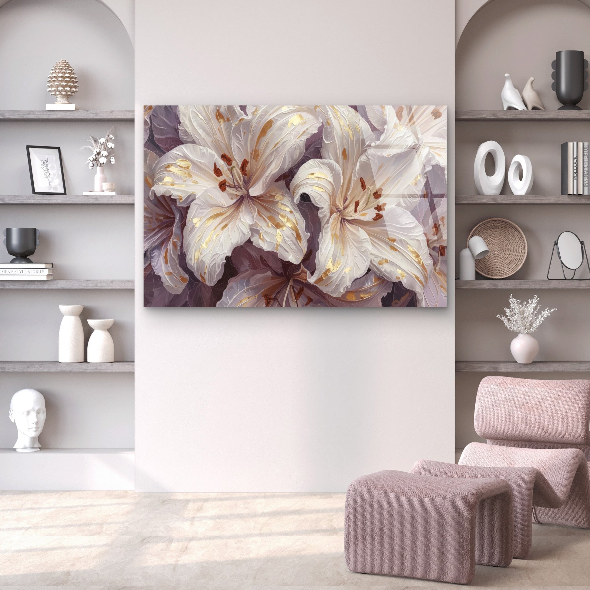 Abstract White Lilies Gold Foil Bloom Acrylic Glass Printing Wall Art Australian Made Quality