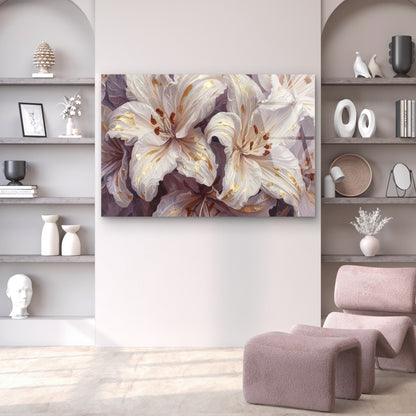 Abstract White Lilies Gold Foil Bloom Acrylic Glass Printing Wall Art Australian Made Quality