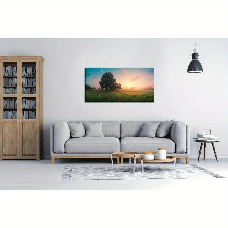 Spring Panoramic Sky Fluffy Clouds Over Green Field Wall Art canvas office home room framed 120x60cm - Bella Home Decor