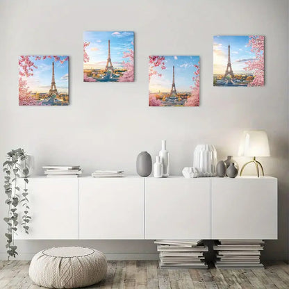 4pcs  Eiffel Tower cherry blossoms  rt    Wall Art Canvas Framed
