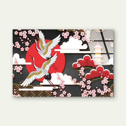 Flying Cranes Red Rising Sun Glass Printing Wall Art Australian Made Quality