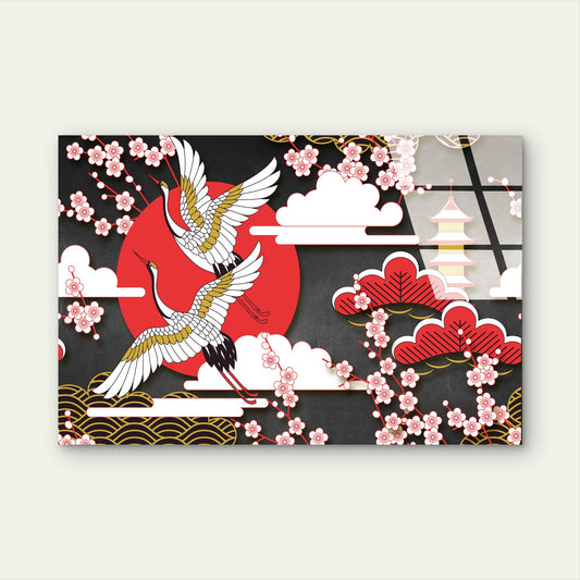 Flying Cranes Red Rising Sun Glass Printing Wall Art Australian Made Quality