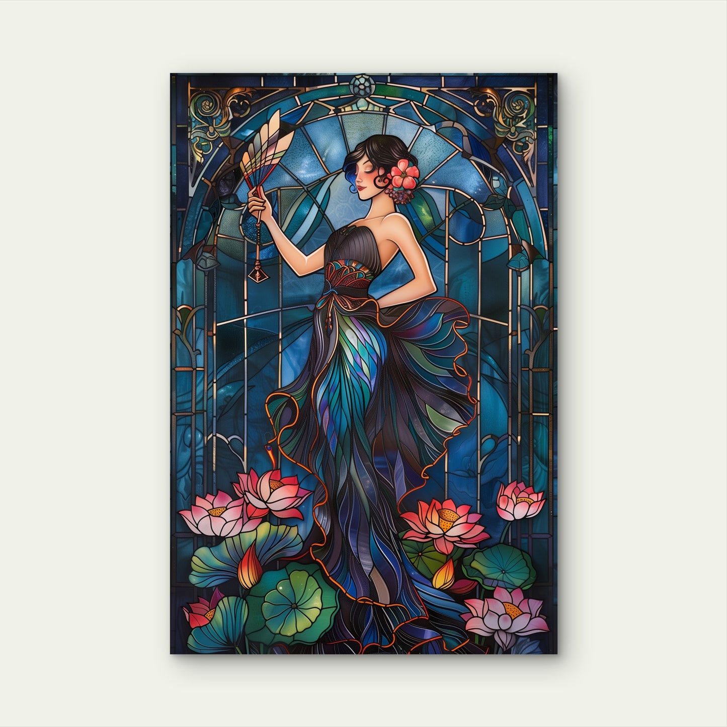 Elegant Woman Blue Dress stained glass art 40x60cm Metal Print Ready to Hang