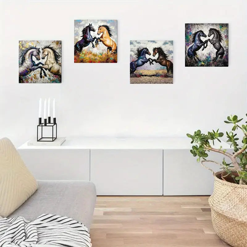 4pcs Graffiti Horse Prints In Purple, Black & Br Wall Art Canvas Framed