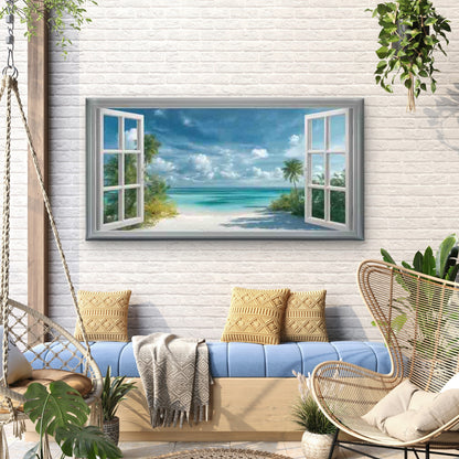 Beach View Through Open Window Wall Art Canvas Office Home Room Framed 120x60cm