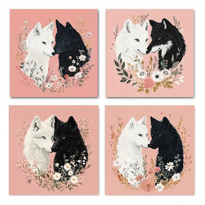 4pcs Black and White Wolves with Floral   Wall Art Canvas Framed
