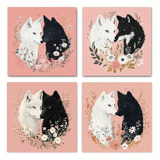 4pcs Black and White Wolves with Floral   Wall Art Canvas Framed
