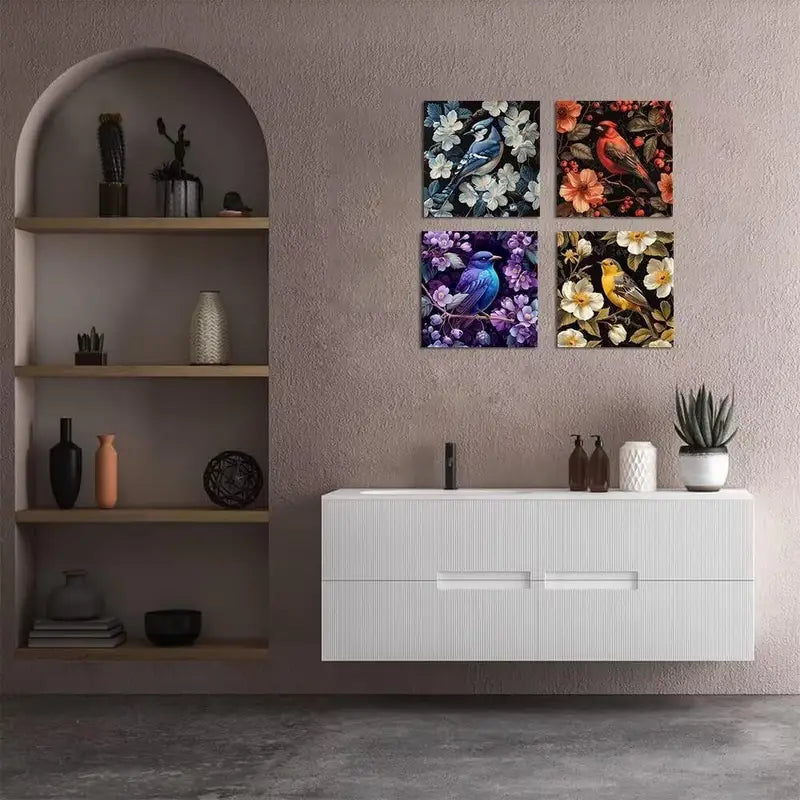 4pcs Bird Wall Art Abstract Floral Branch  Wall Art Canvas Framed