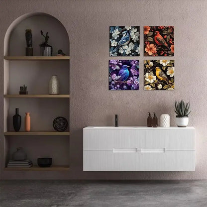 4pcs Bird Wall Art Abstract Floral Branch  Wall Art Canvas Framed