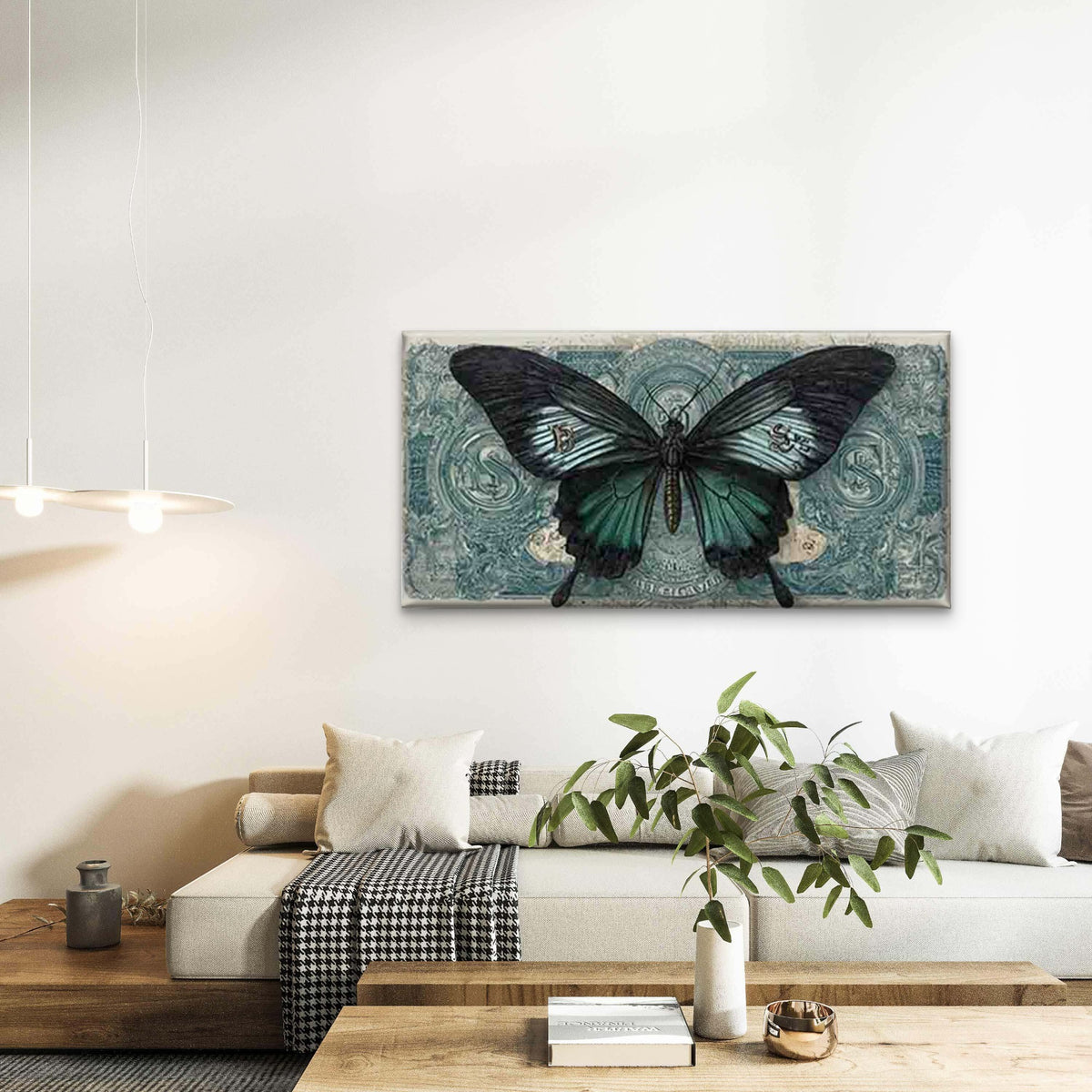 Butterfly Art Vintage Currency Wall Art Canvas Office Home Room Framed 120x60cm