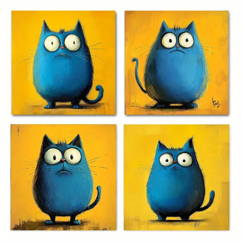 4pcs  Painting Fat Blue Cat for Living  Wall Art Canvas Framed