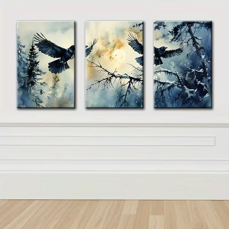 3pcs Crow on Branch Design Wall Art Set Canvas Framed 40x60cm - High Quality Print 100% Australian Made Wall Canvas Ready to Hang - Bella Home Decor
