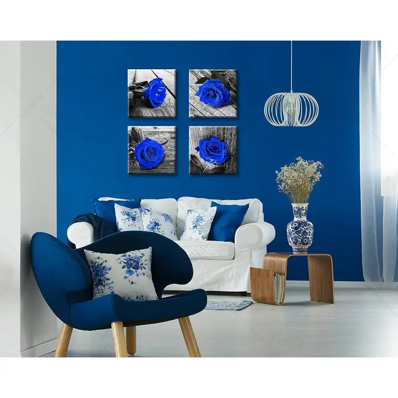 4pcs Royal Blue Rose Pictures & Gray Print Wall Art Canvas Framed - Bella Home Decor