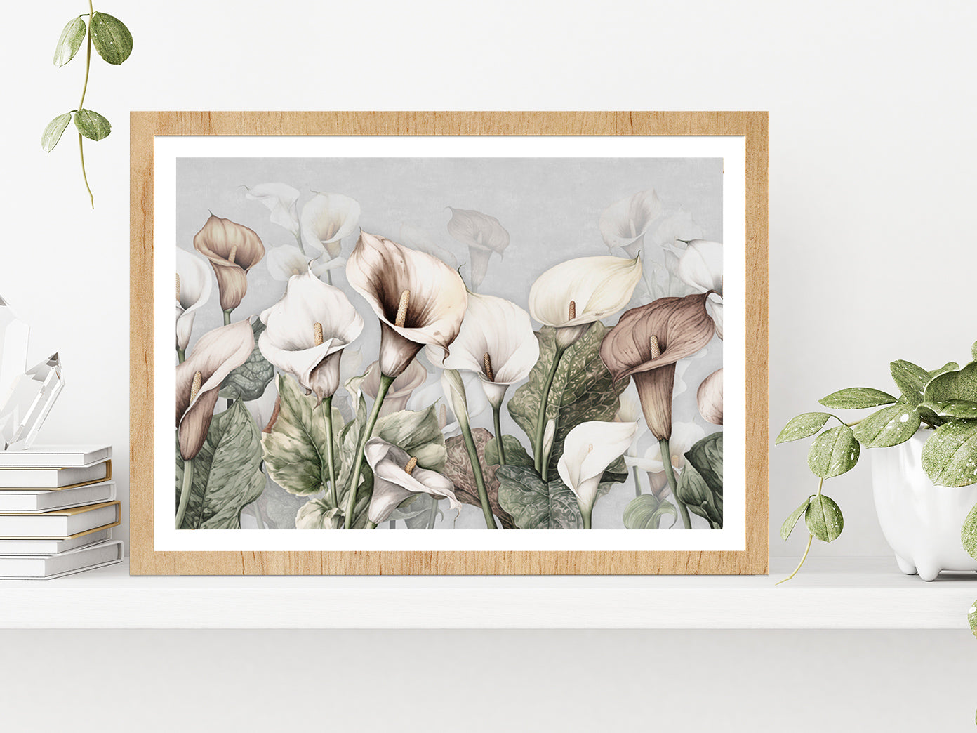 Calla Lily Flowers Printing Glass Framed Wall Art, Ready to Hang Quality Print With White Border Oak
