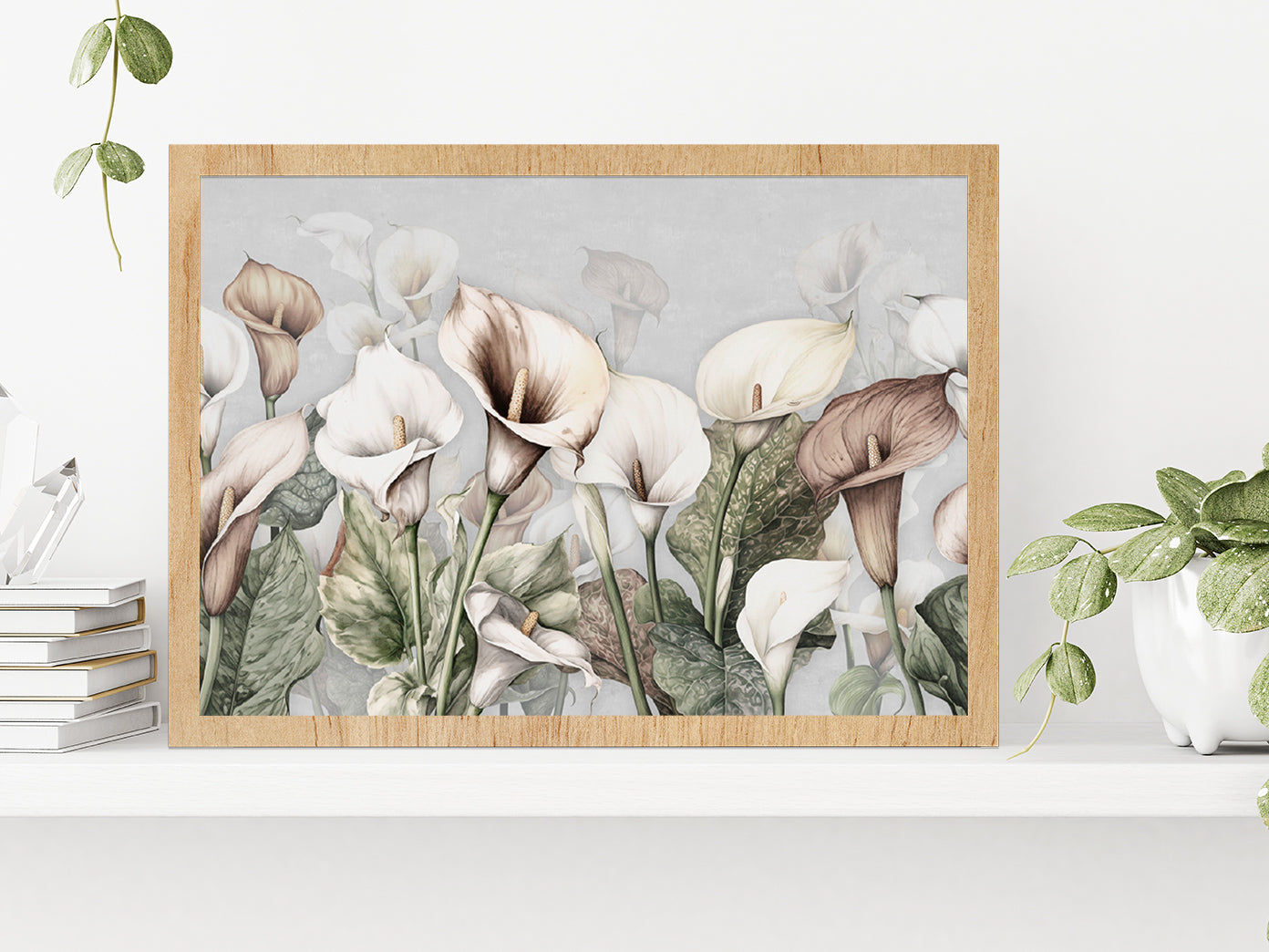 Calla Lily Flowers Printing Glass Framed Wall Art, Ready to Hang Quality Print Without White Border Oak