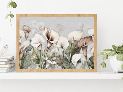 Calla Lily Flowers Printing Glass Framed Wall Art, Ready to Hang Quality Print Without White Border Oak