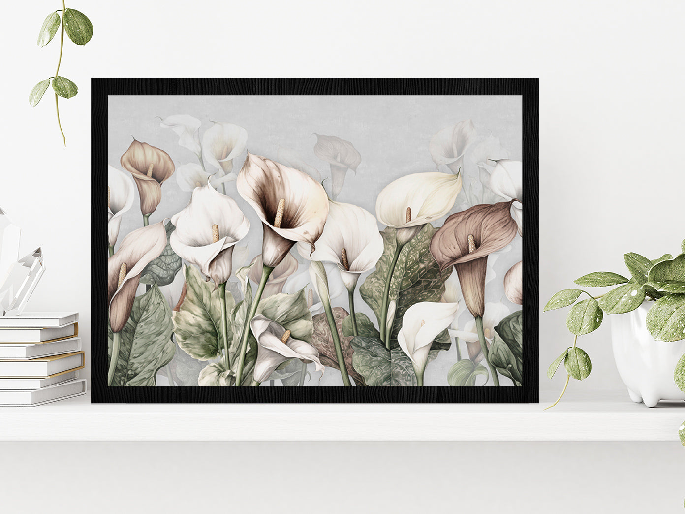 Calla Lily Flowers Printing Glass Framed Wall Art, Ready to Hang Quality Print Without White Border Black