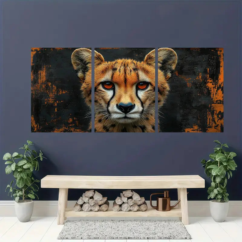 3pcs Black & Orange Cheetah Face Metal Print Ready to Hang Art - Bella Home Decor