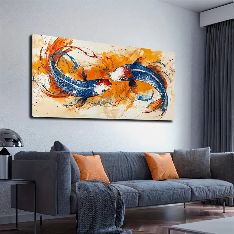 Two Koi Fish Orange Blue Hues Wall Art Canvas Office Home Room Framed 120x60cm - Bella Home Decor