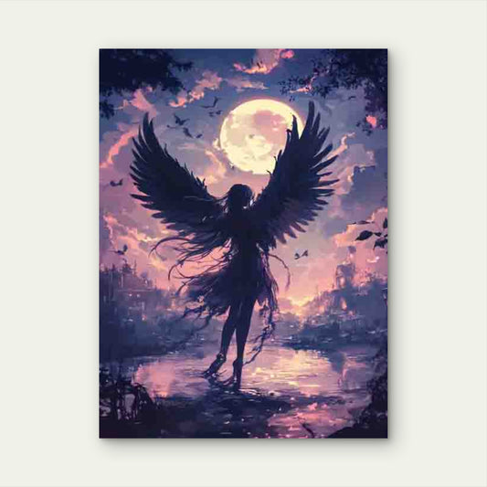 Mystical Black-Winged Girl in Ruins Under Full Moon 60x90cm Metal Print Ready to Hang
