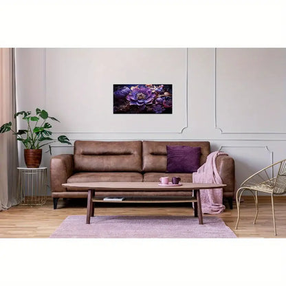 Abstract Purple Flower Deep Violet & Golden Accents Wall Art canvas office home room framed 120x60cm - Bella Home Decor