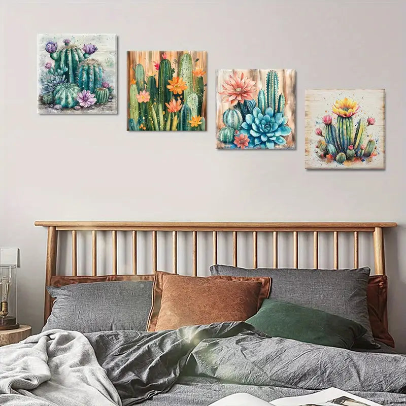 4pcs Floral Decor Art Prints, Cactus Wall Art Canvas Framed