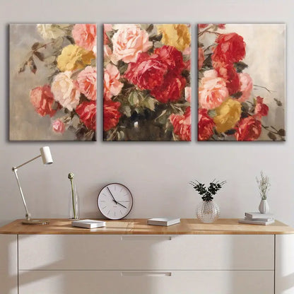 3pcs Roses In Vase Still Life Poster Wall Art Set Canvas Framed 40x60cm - High Quality Print 100% Australian Made Wall Canvas Ready to Hang