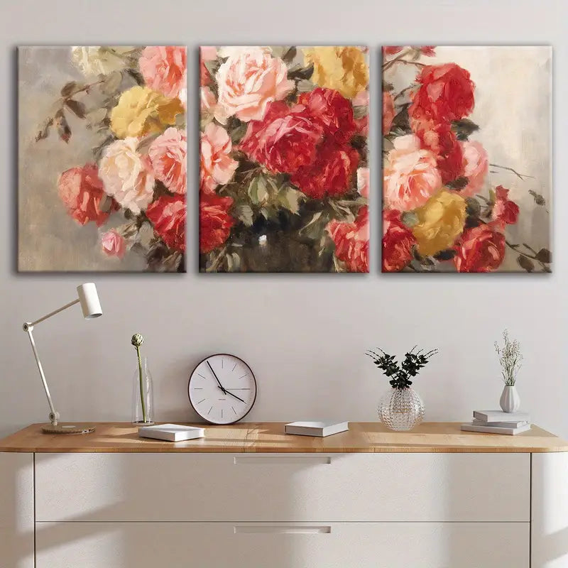3pcs Roses In Vase Still Life Poster Wall Art Set Canvas Framed 50x70cm - High Quality Print 100% Australian Made Wall Canvas Ready to Hang