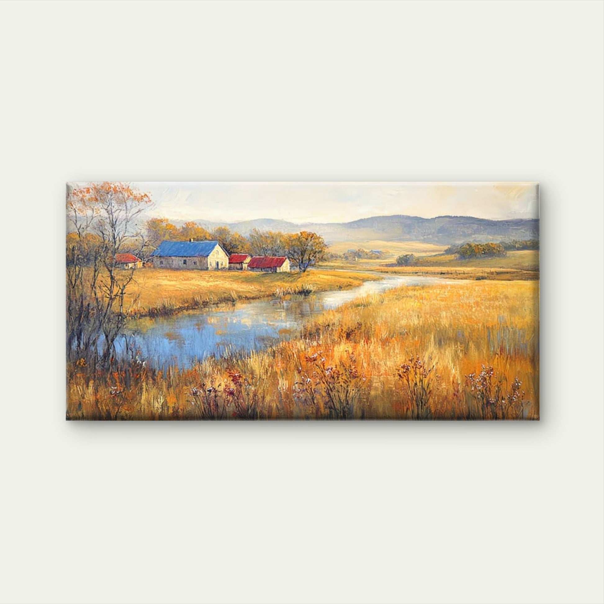 Golden Fields Near Farm Wall Art Canvas Office Home Room Framed 120x60cm - Bella Home Decor