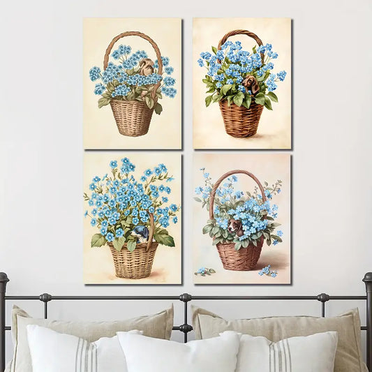 4pcs Blue Forget Me Not Flowers Wall Art Canvas Framed