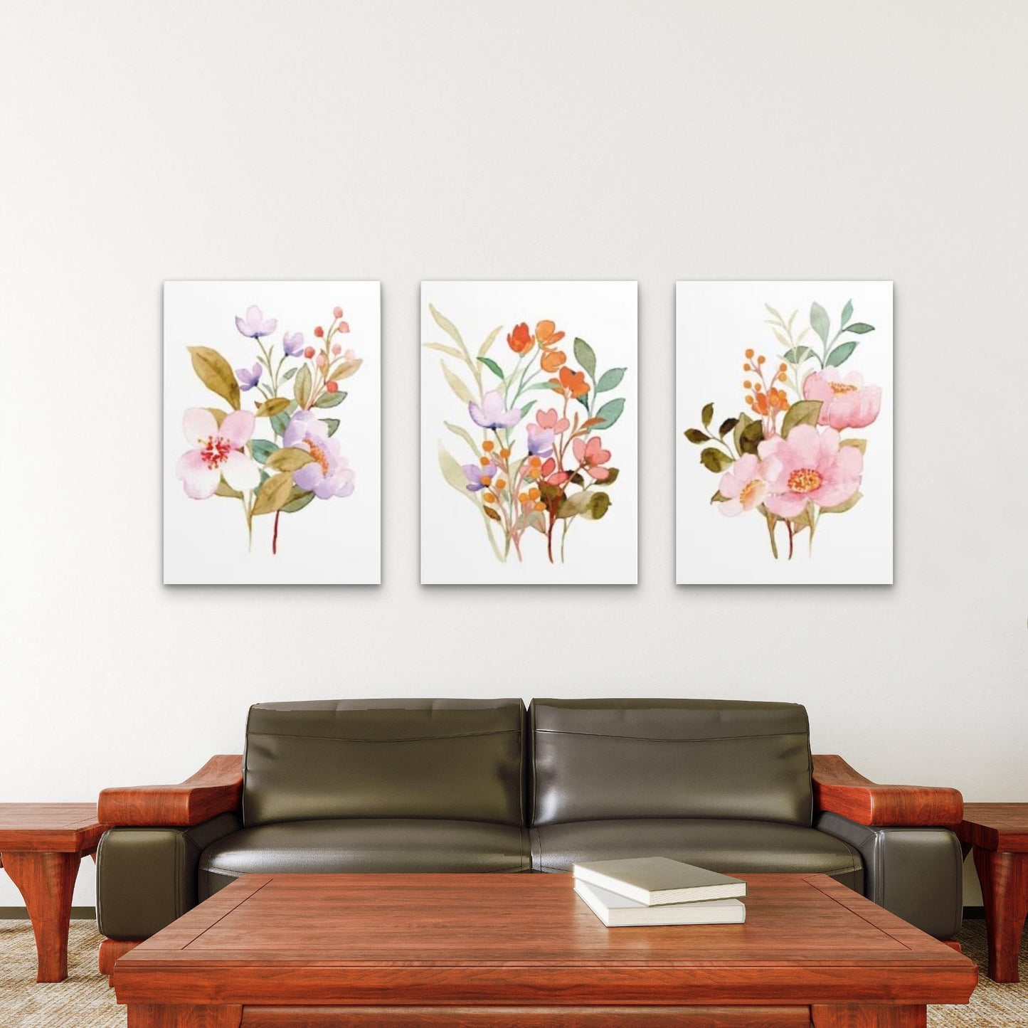 3pcs Pink Purple Watercolor Wildflower Bouquet Wall Art Set Canvas Framed 50x70cm - High Quality Print 100% Australian Made Wall Canvas Ready to Hang - Bella Home Decor