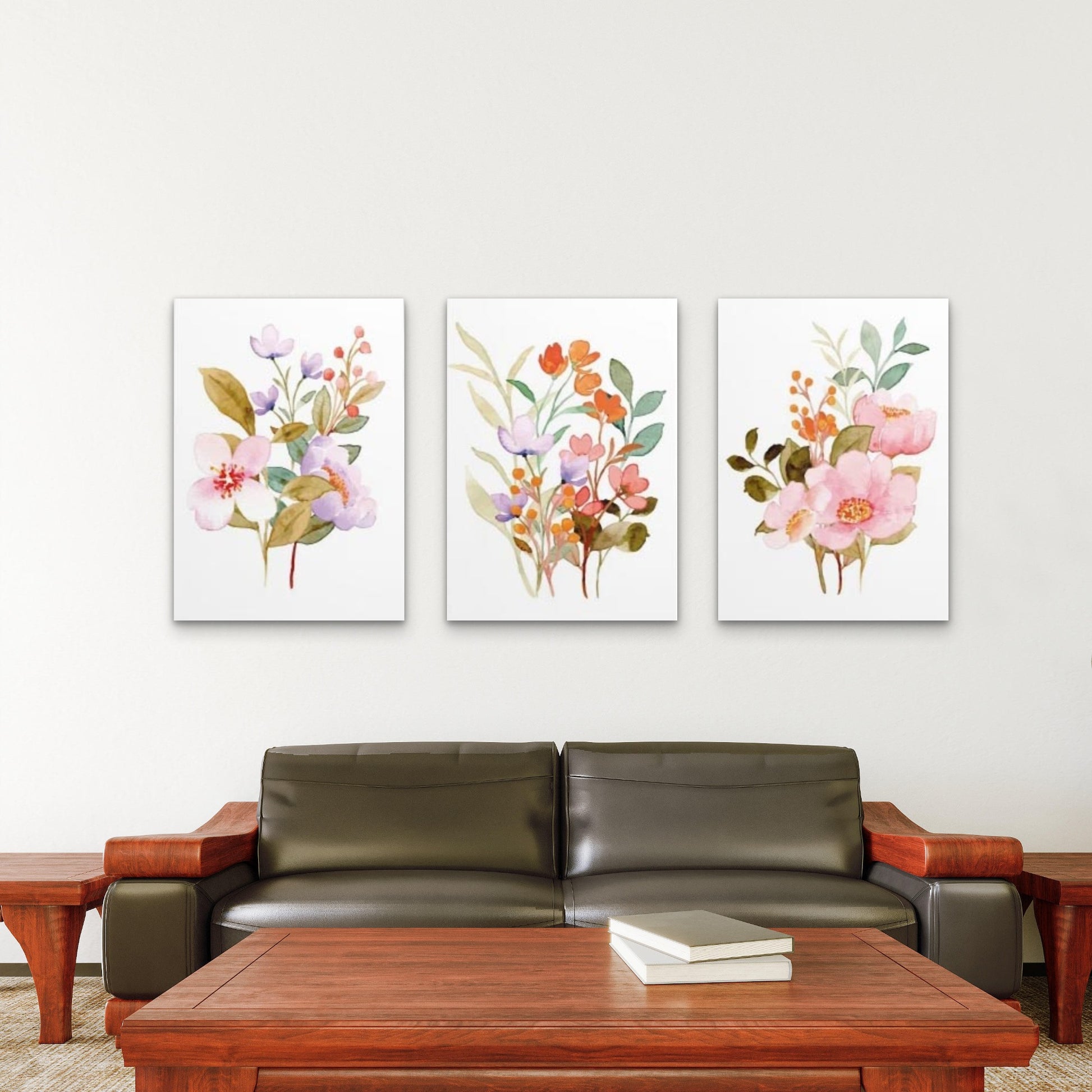 3pcs Pink Purple Watercolor Wildflower Bouquet Wall Art Set Canvas Framed 50x70cm - High Quality Print 100% Australian Made Wall Canvas Ready to Hang - Bella Home Decor