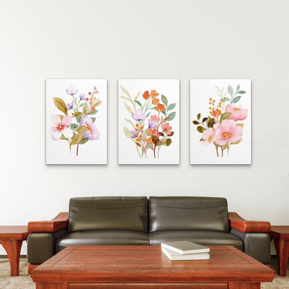 3pcs Pink Purple Watercolor Wildflower Bouquet Wall Art Set Canvas Framed 50x70cm - High Quality Print 100% Australian Made Wall Canvas Ready to Hang - Bella Home Decor