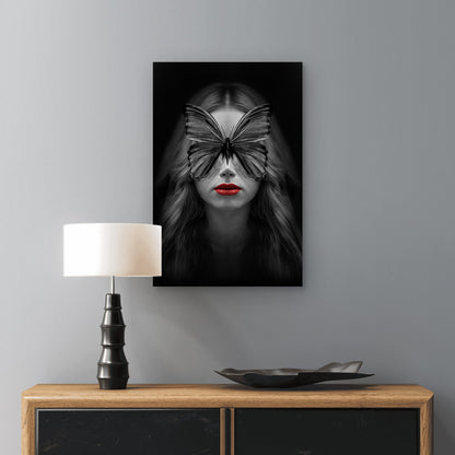 Gothic Woman Red Lips Black Butterfly 40x60cm Metal Print Ready to Hang