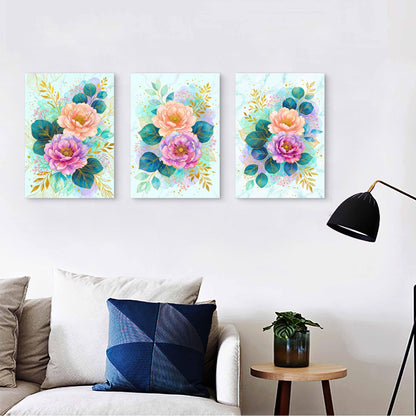 3pcs Watercolor Peony Floral Botanical Gold Leaves Blue Marble Wall Art Set Canvas Framed 40x60cm - High Quality Print 100% Australian Made Wall Canvas Ready to Hang
