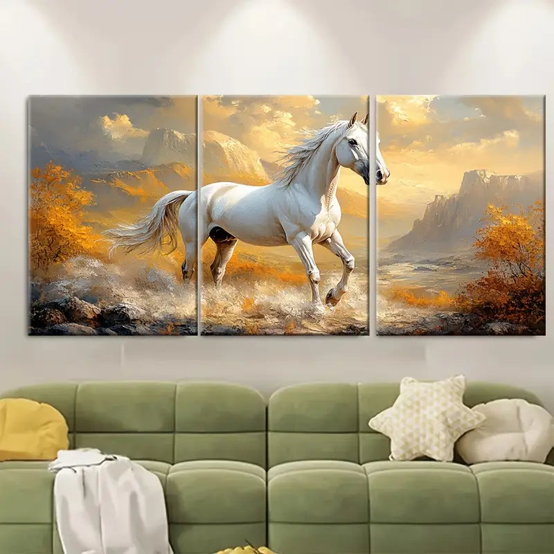 3pcs White Horse In Motion With Sunset Landscape Metal Print Ready to Hang Art