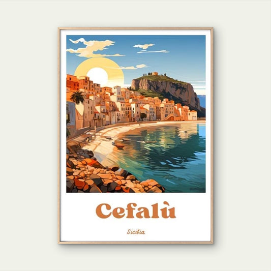 Sunset over the coast of Cefalù Travel Poster Print Wall Art - Bella Home Decor