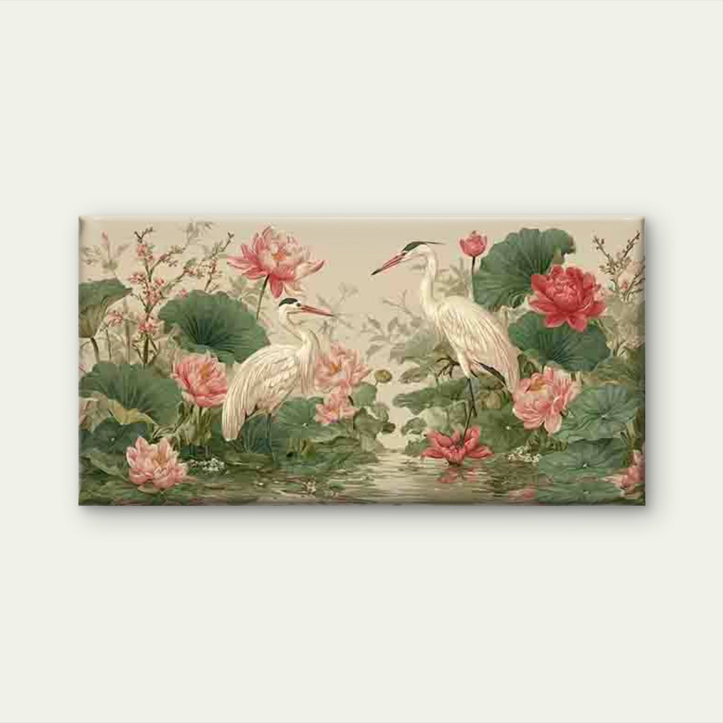 Two Herons Bird & for Lotus Wall Art Canvas Office Home Room Framed 120x60cm - Bella Home Decor