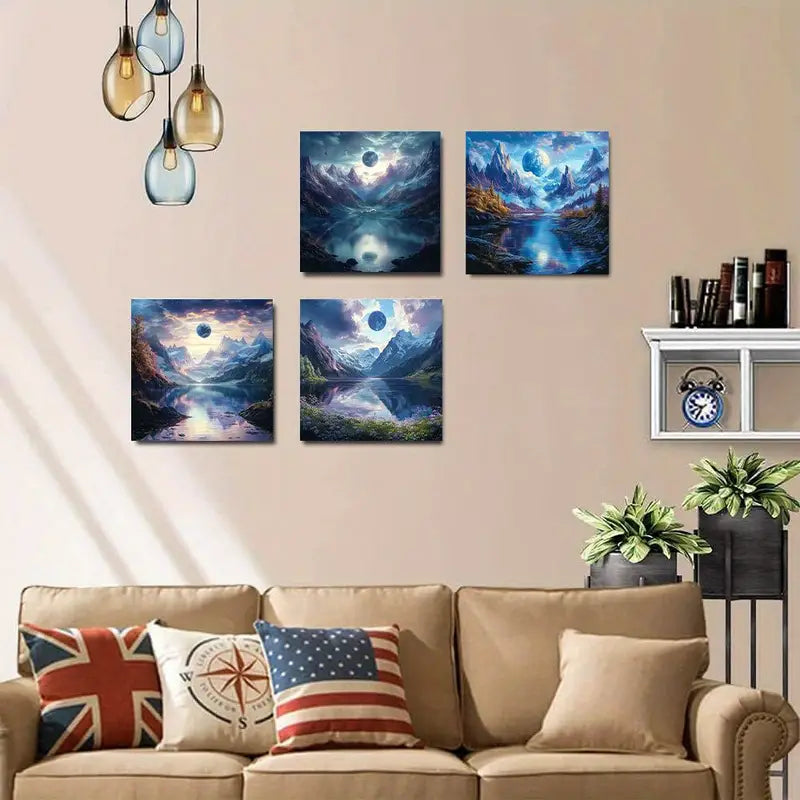 4pcs  Anime Inspired Cosmic Landscap Elegant  Wall Art Canvas Framed