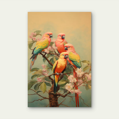 Vintage Drawing Birds Parrot Animal Branch 40x60cm Metal Print Ready to Hang