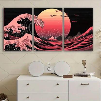 3pcs Great Waves Of The Cascade Wall Art Set Canvas Framed 50x70cm - High Quality Print 100% Australian Made Wall Canvas Ready to Hang