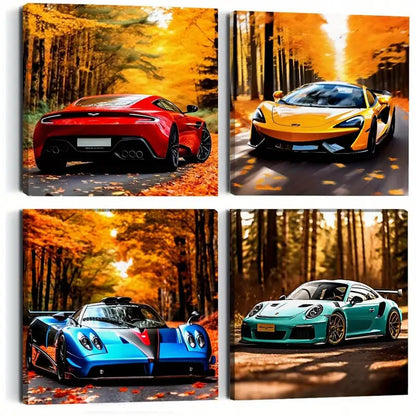 4pcs Autumn Super Car Prints Wall Art Canvas Framed