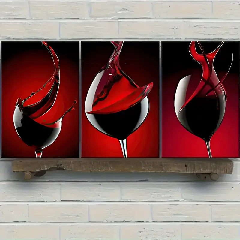 3pcs Tempting Artistic Red Wine Glass, Metal Print Ready to Hang Art